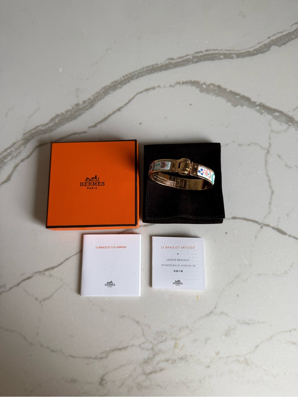 Hermes Paisley Miami Hinge Enamel Printed Bangle Rose Gold 18K Plated